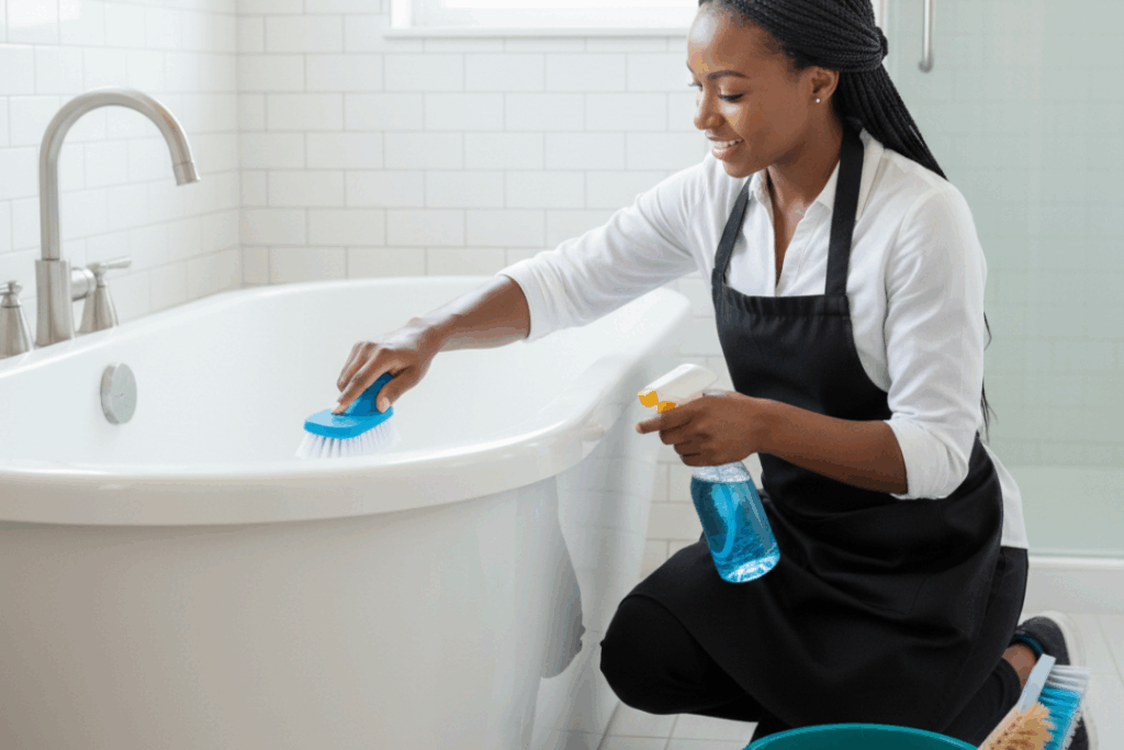Residential cleaning team sanitizing a bathtub in a Concord home bathroom.